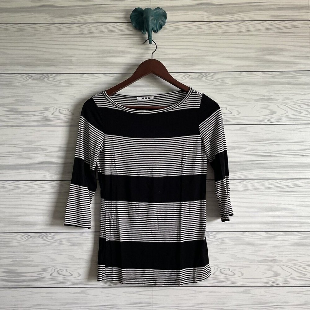 Three Dots XS Black White Striped Wide Boat Neck 3/4 Slv Stretch Knit Shirt Top
